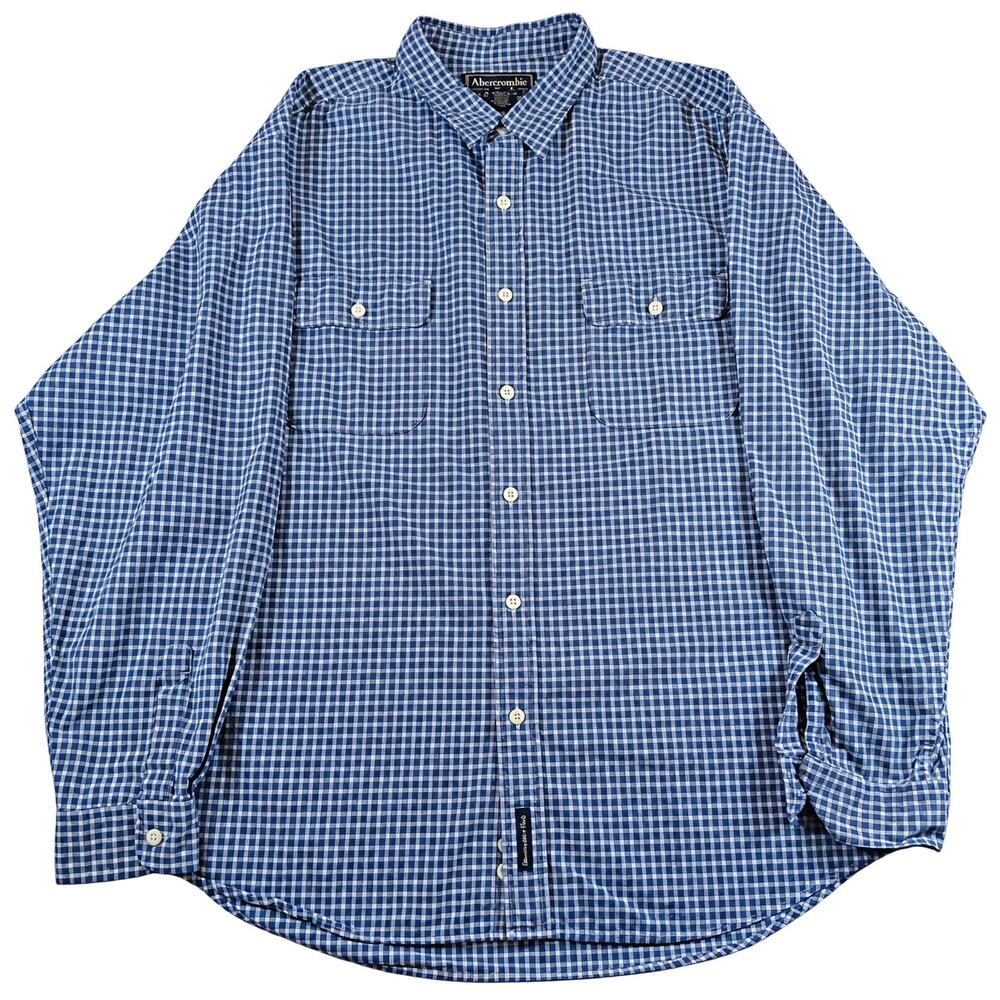 Abercrombie & Fitch Mens XL Blue Gingham Utility Shirt Double Pocket Y2K